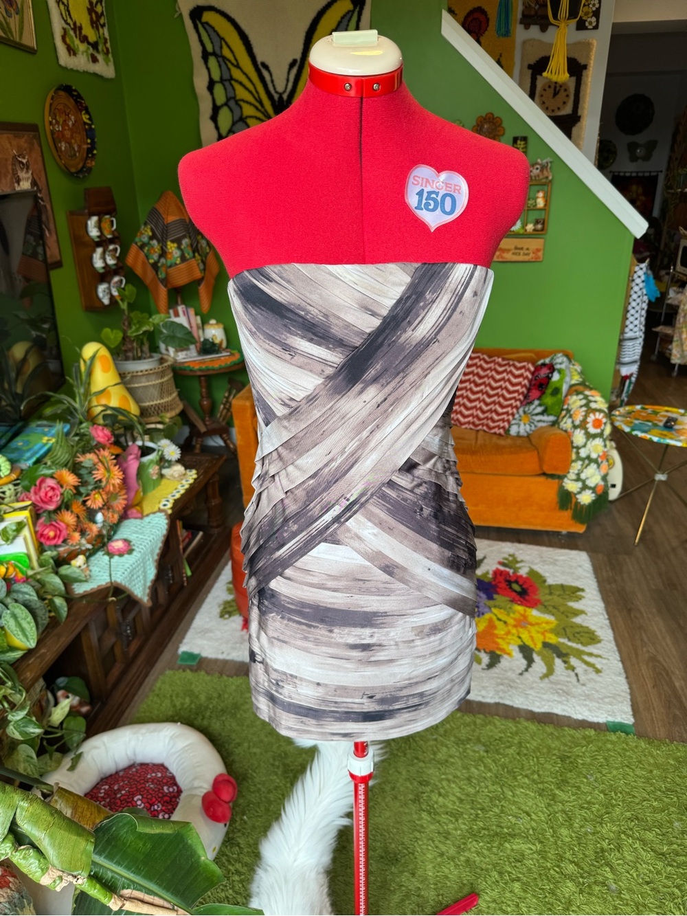 Guess Strapless Mini Dress in Beige and Black Brushstroke Print